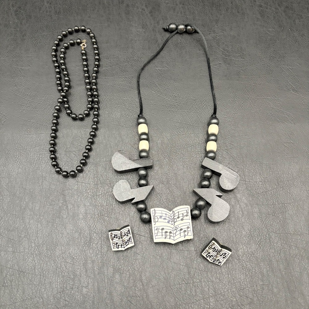 Signed Lily Music Theme Jewelry Set Wooden Sheet Music Necklace Earrings Black